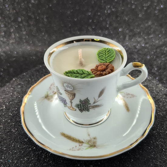 scented candle presented in an authentic Bavaria Tirschenreuth cup and saucer, marked with the original backstamp. 