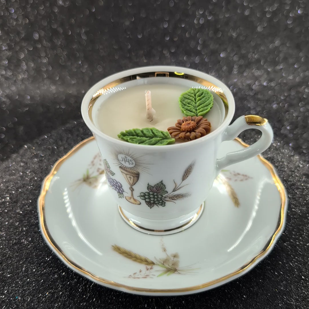 scented candle presented in an authentic Bavaria Tirschenreuth cup and saucer, marked with the original backstamp. 