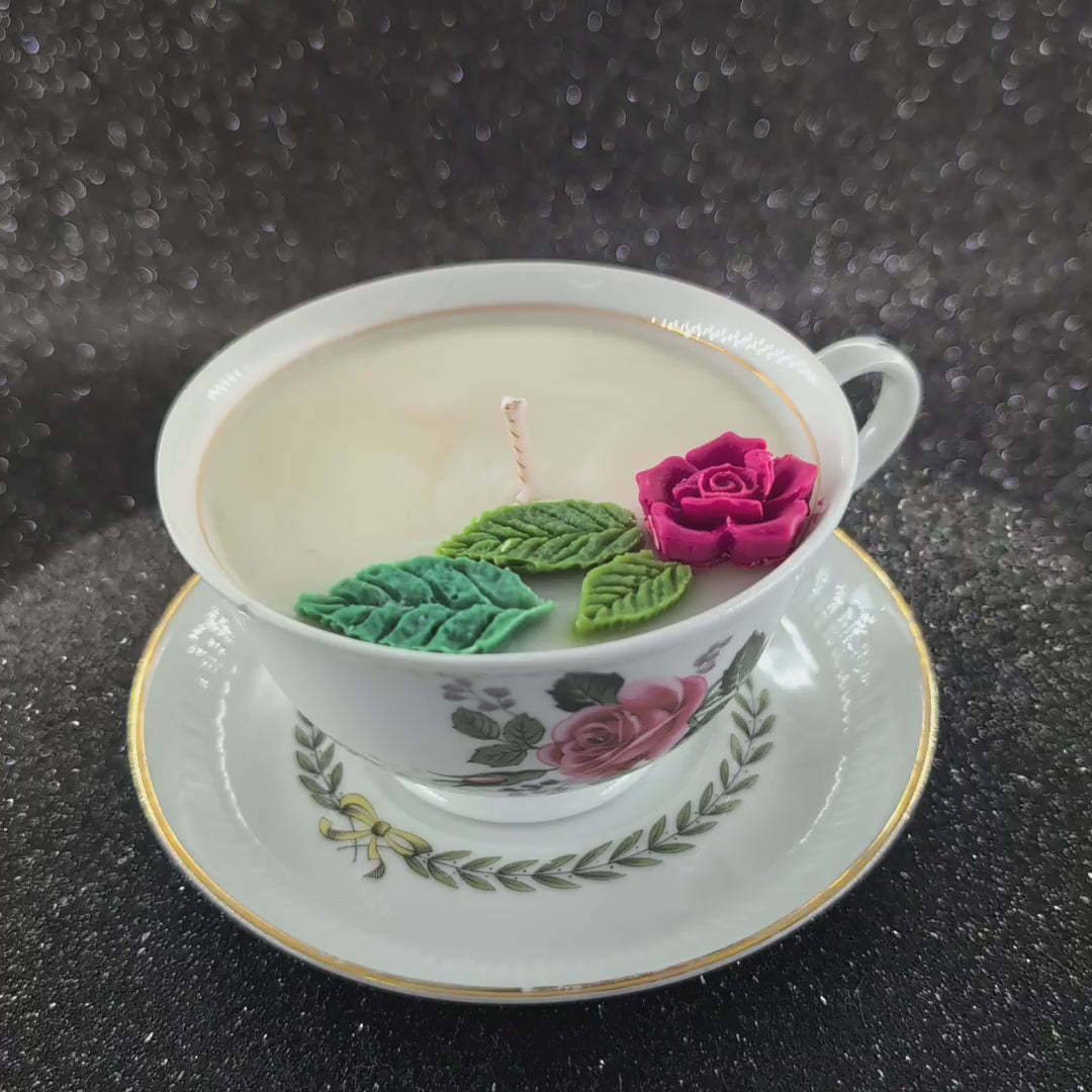 Handmade scented candle- in a vintage teacup with a rose. decorated with a rose wax. Delivery-Gift wrapped