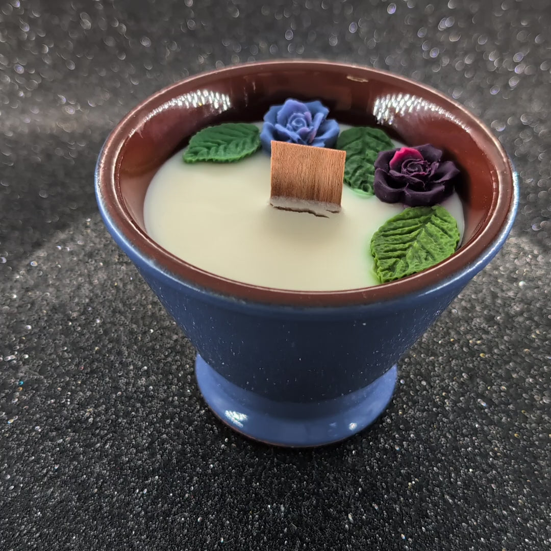 handmade scented candle in vintage cobal bowl 