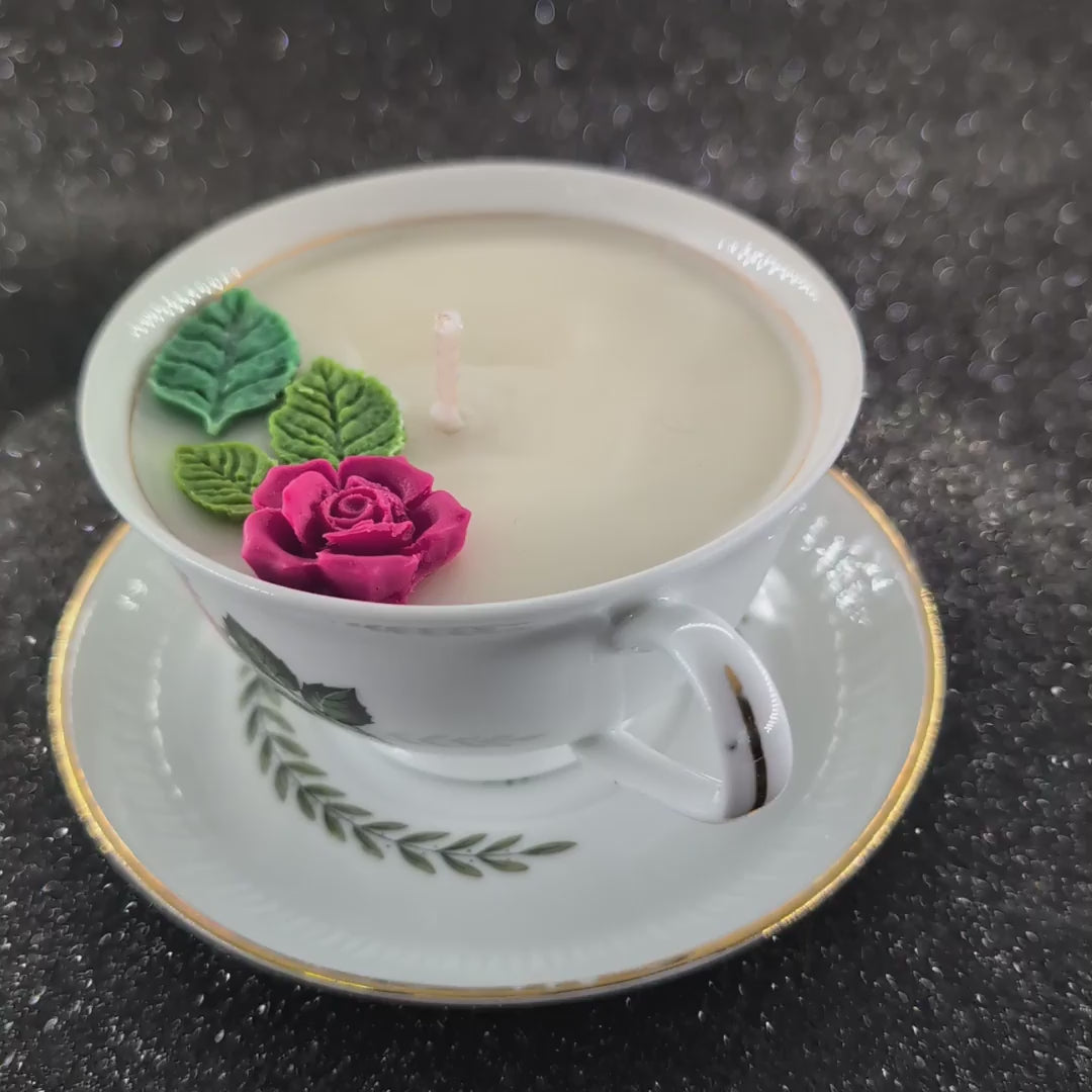 Handmade scented candle- in a vintage teacup with a rose. decorated with a rose wax. Delivery-Gift wrapped