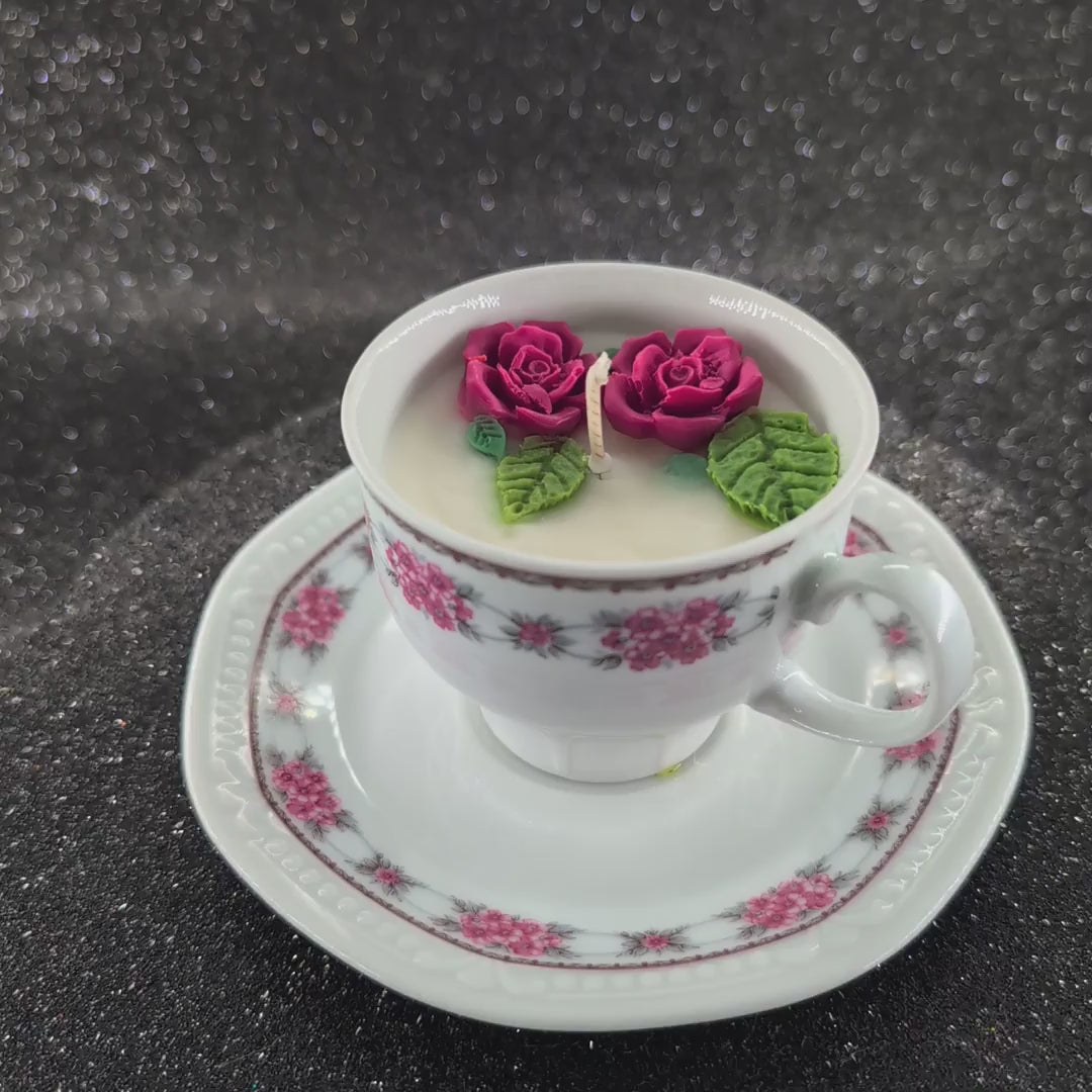scented candle presented in an authentic Bavaria Mitterteich cup and saucer, marked with the original backstamp. 
